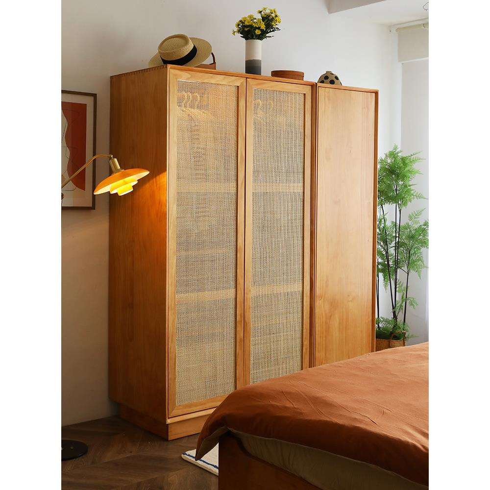 北欧实木衣柜家用卧室藤编双门大衣橱小户型简约原木落地储物柜