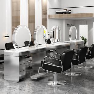 网红美发店烫染镜台发廊专用不锈钢带柜美发镜理发店带灯双面镜子