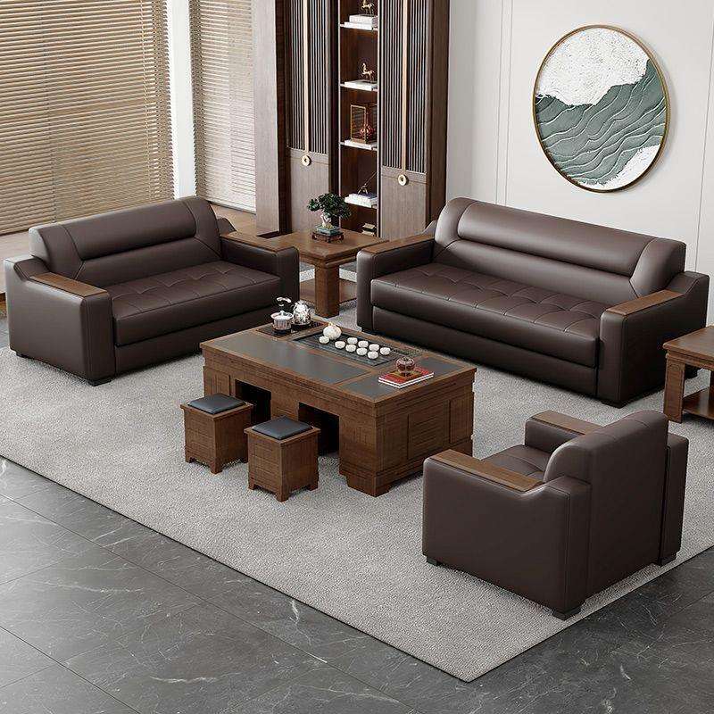真皮办公室沙发简约现代商务会客接待休闲三人位茶几组合套装皮艺