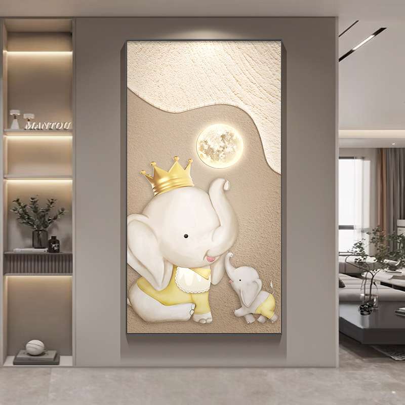 现代简约入户玄关装饰画卡通大象走廊过道挂画奶油风对门竖版壁画图片