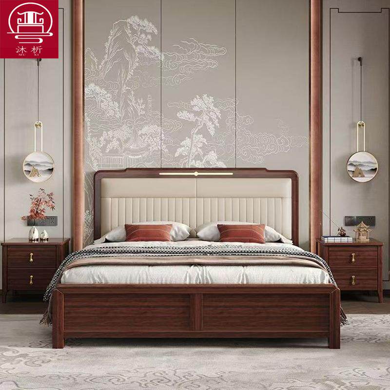 新中式乌金木实木床现代简约单双人气压储物卧室家用轻奢高档大床