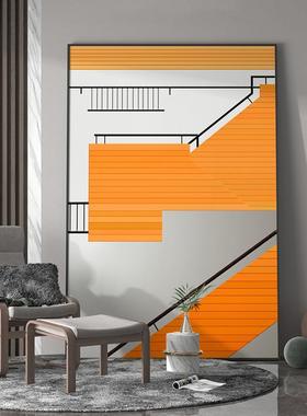 现代轻奢客厅玄关楼道平面橙色装饰画室内背景走廊墙壁竖版挂画