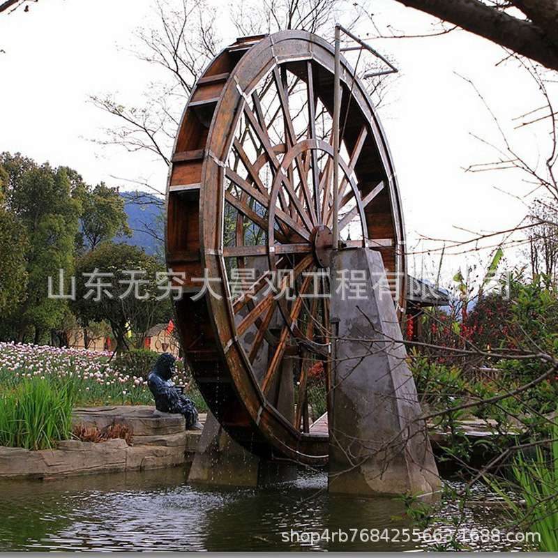 制作钢木结合景观水车碳化木防腐木景区脚踏流水造景水车摆件