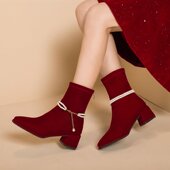 春季 2026高跟短靴禾秀婚纱0128ed 女秋冬季 珍珠拉链中跟婚鞋 新娘鞋