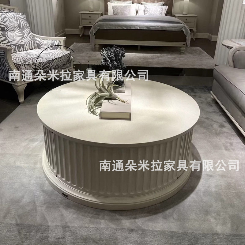 北美之家系列实木茶几美式复古白圆形茶桌客厅橡木带抽屉咖啡桌