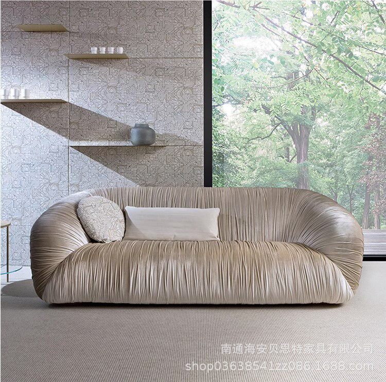 意式极简别墅真皮客厅沙发北欧设计网红款轻奢褶皱大户型组合家具