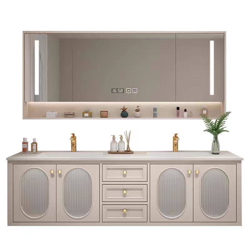 x9p轻奢美式岩板一体无缝盆浴室柜组合奶油风卫生间双盆洗漱台盆