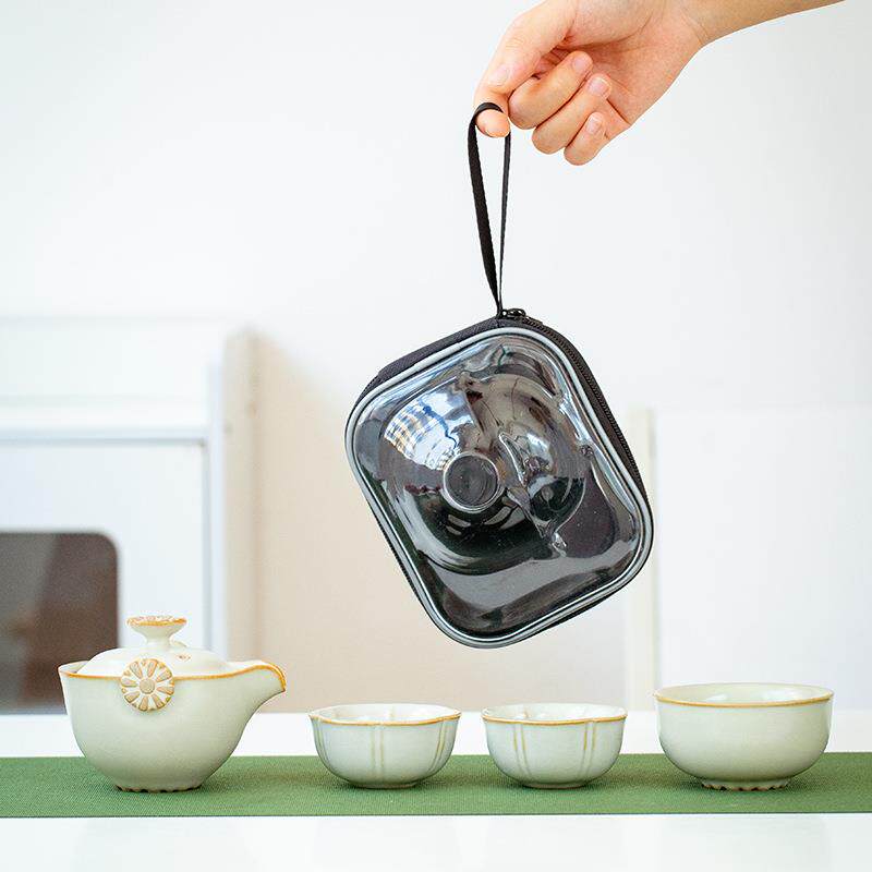 汝窑便携式旅行茶具套装一壶三杯泡茶壶户外露营快客杯手抓泡茶器