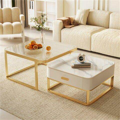 奶油风岩板茶几客厅家用简约现代小户型轻奢网红圆形茶几桌子组合