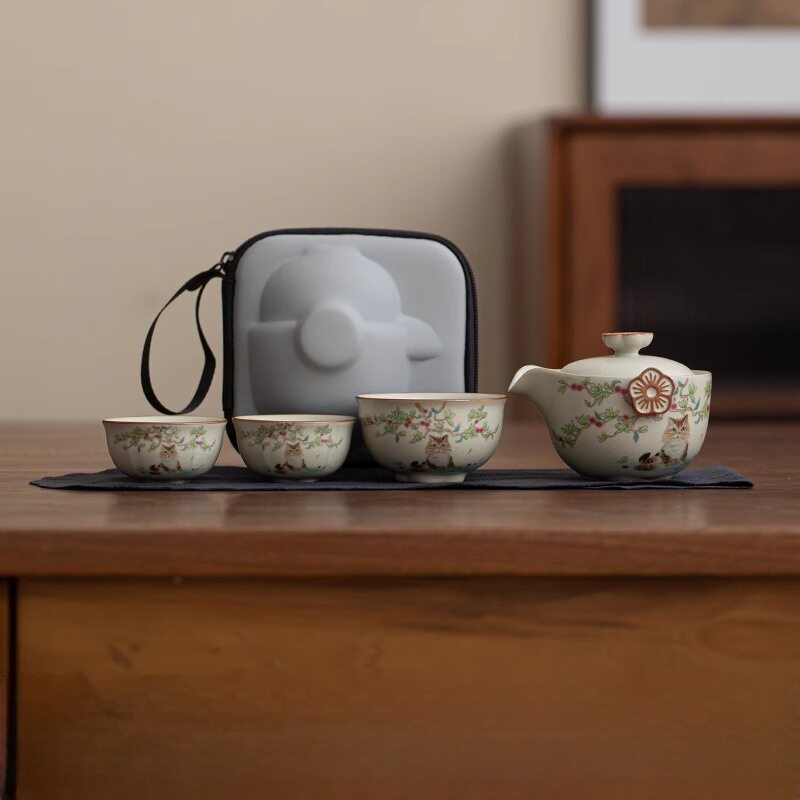 汝窑猫咪旅行茶具套装陶瓷开片可养快客杯户外便携旅游泡茶器套组