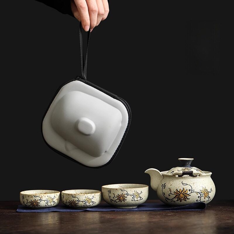 复古缠枝莲旅行茶具套装户外便携式快客杯外出车载旅游泡茶器套组