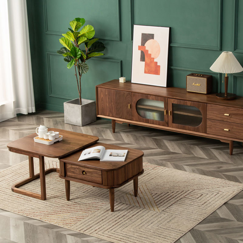 北欧黑胡桃木小户型现代简约樱桃木客厅日式多功能小方桌茶几组合