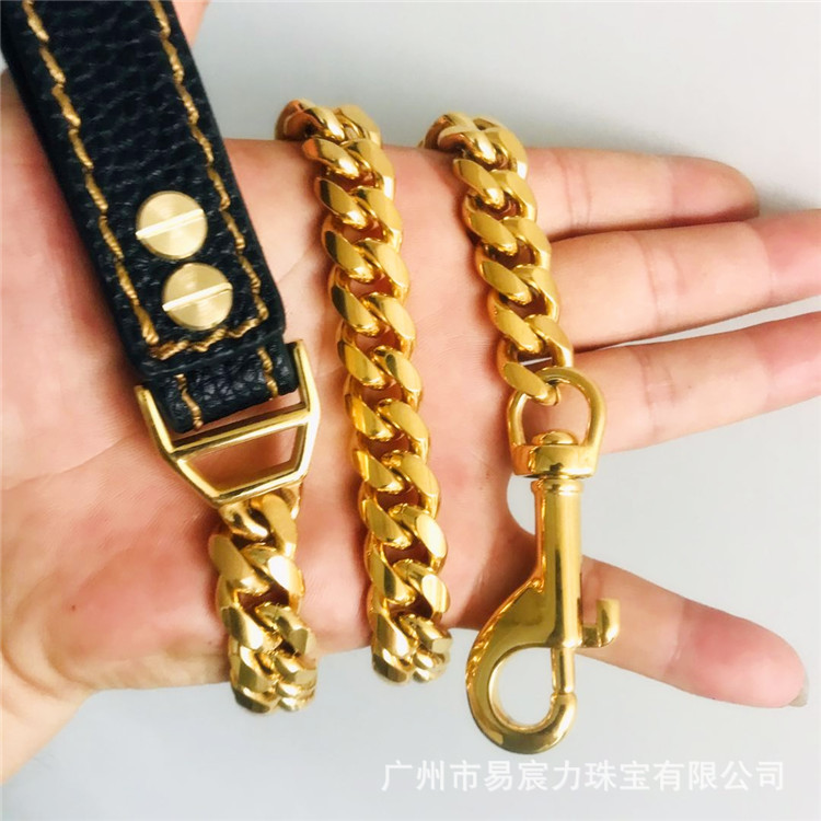 厂家直销牵引绳钛钢不锈钢加密古巴链14mm宽恶霸犬宠物狗高强度