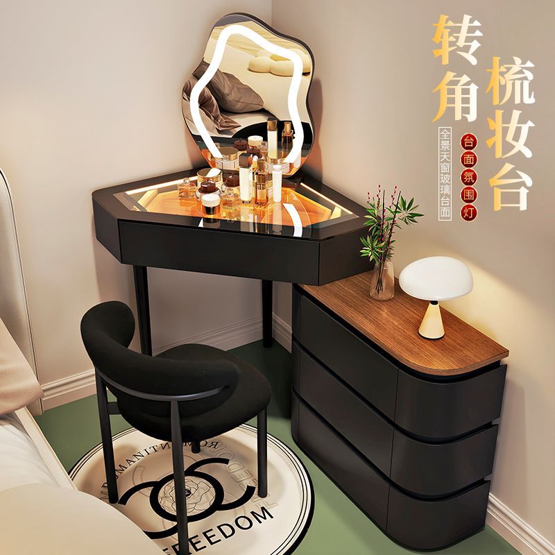 简约现代小户型转角梳妆台三角实木化妆台卧室转角边柜多功能收纳