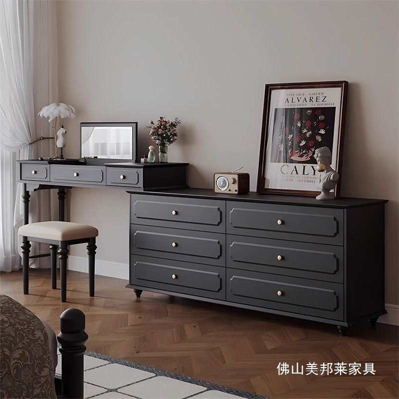 美式复古梳妆台镜子可隐主卧床尾斗柜妆台一体中古风卧室黑色翻盖