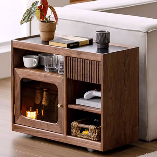 北美黑胡桃木移动边几现代简约客厅小推车北欧实木沙发边柜置物架