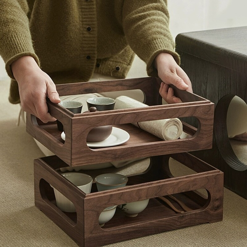 中式茶具桌面收纳盒黑胡桃实木双层可叠加便携茶杯置物架储物柜