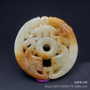 仿古岫玉双龙玉佩飞天舞人圆形玉坠 古玩杂项高古玉老玉做旧挂件