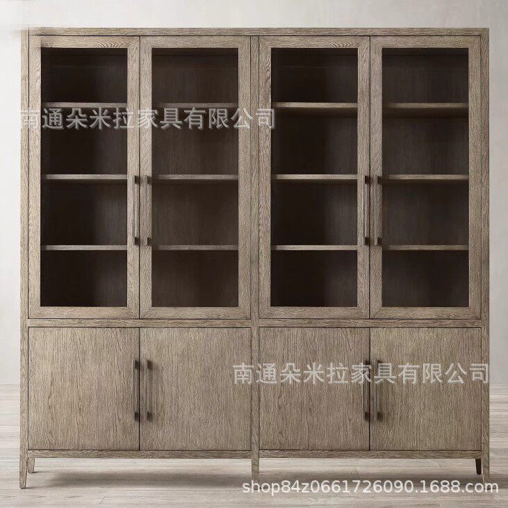 美式实木书柜高端乡村复古餐边柜客厅收纳储物柜做旧单双组书橱
