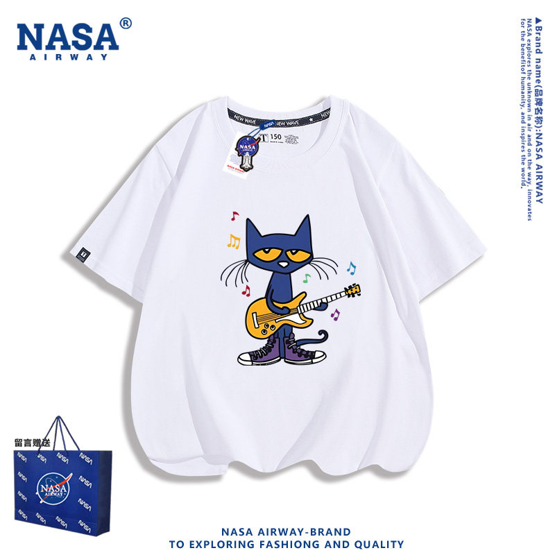NASA联名美式复古卡通图案皮特猫儿童男女生纯棉短袖夏季半袖T恤