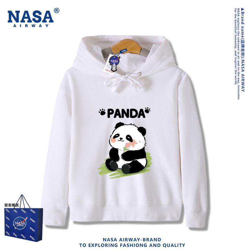 NASA联名可爱大熊猫卡通图案印花儿童男女秋冬款连帽卫衣加绒上衣