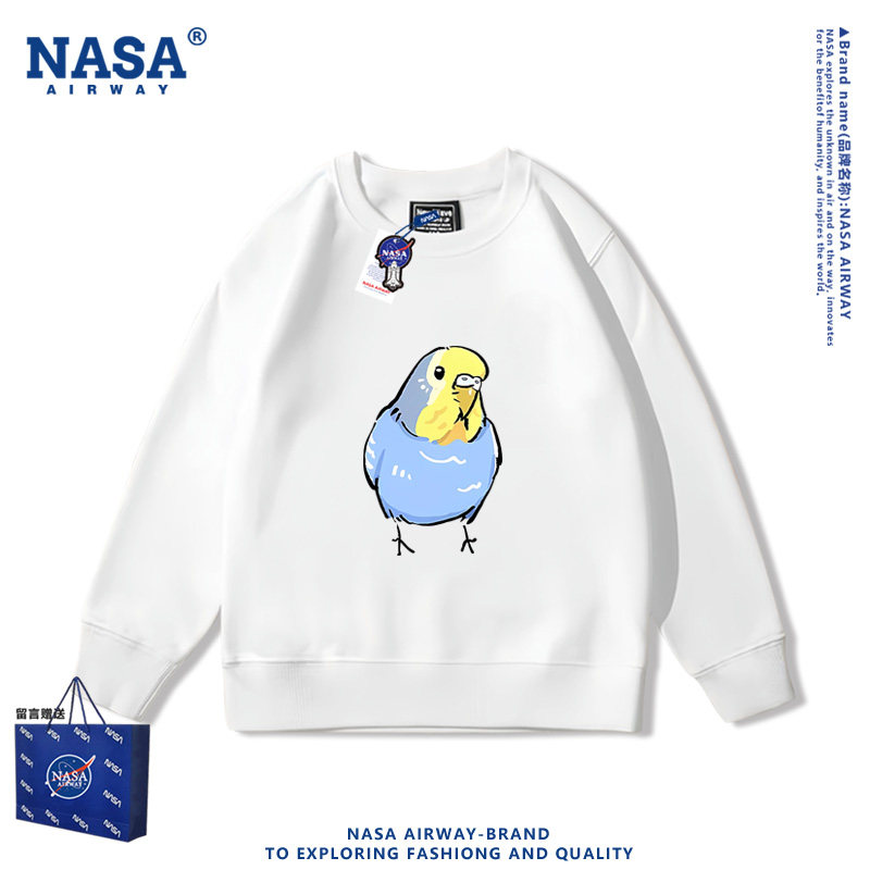NASA AW玄凤鹦鹉卡通图案小鸟儿童男女春秋圆领卫衣薄款宽松上衣