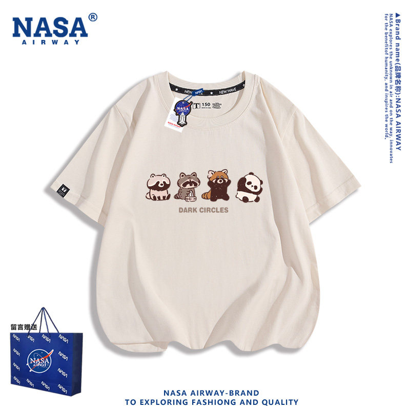NASA联名卡通小浣熊小熊猫Q版印花图案男女生纯棉短袖T恤半袖夏季