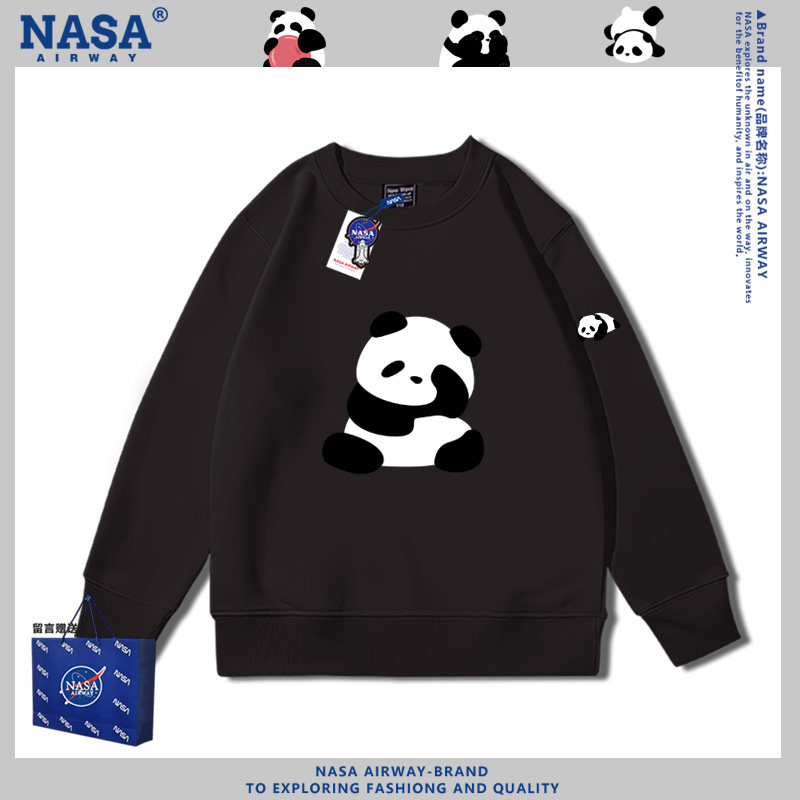 NASA联名可爱熊猫卡通印花图案男女学生圆领卫衣套头上衣服春秋款