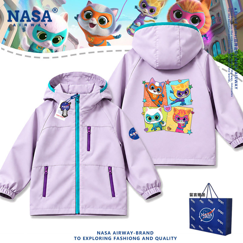 NASA联名超级小猫战队周边卡通图案儿童夹克男女连帽冲锋衣秋外套