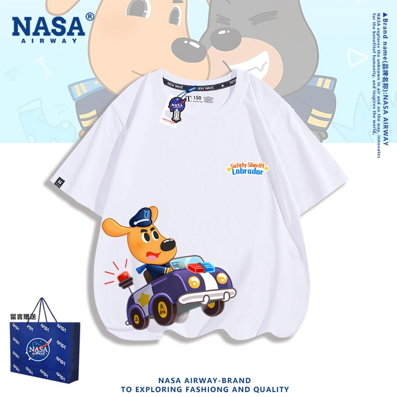 NASA联名拉布拉多警长卡通印花儿童男女纯棉短袖T恤半袖夏季上衣