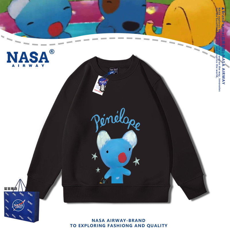 NASA联名penelope蓝色小考拉卡通印花圆领卫衣男女秋冬加绒上衣服