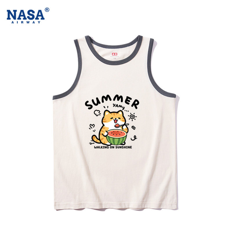 NASA联名小猫咪吃西瓜夏日小清新卡通图案儿童吊带男女纯棉背心