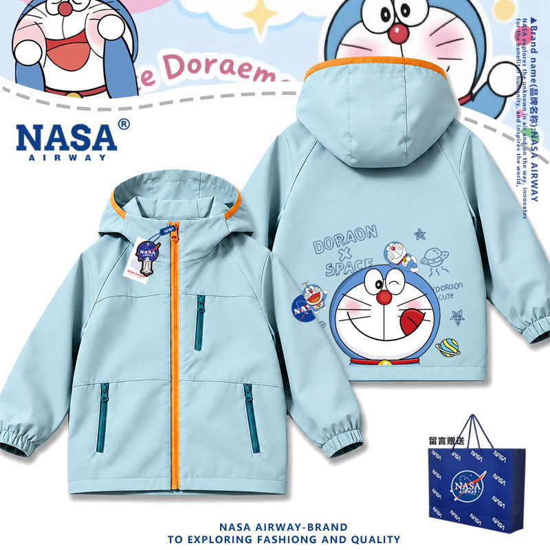 NASA联名哆啦A梦卡通图案动漫儿童连帽冲锋衣周边夹克中大童外套