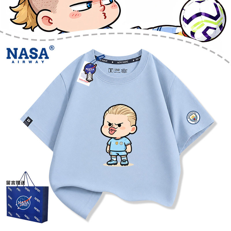 NASA联名世界杯哈兰德趣味表情包卡通Q版图案男女纯棉短袖T恤半袖