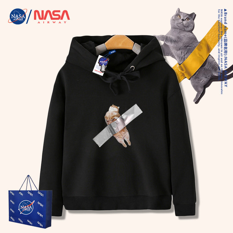 NASA联名潮牌胶带猫咪连帽卫衣男女儿童装亲子衣服春秋季学生帽衫