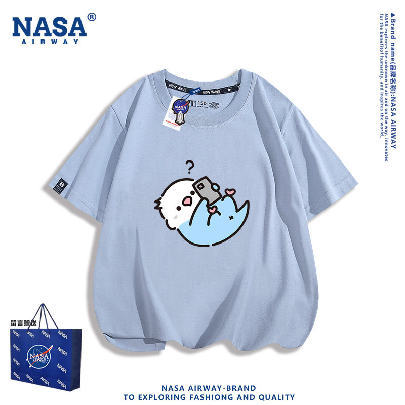 NASA联名玄凤鹦鹉Q版卡通图案周边儿童男女纯棉短袖T恤夏季半袖潮