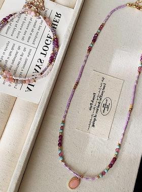 中古风彩色米珠天然石串珠毛衣链