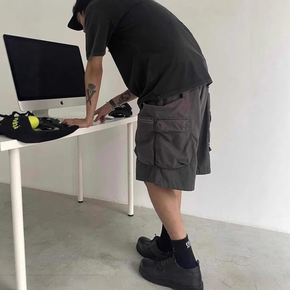 日系复古小众拉链工装短裤男士夏季宽松直筒clean休闲五分裤子潮