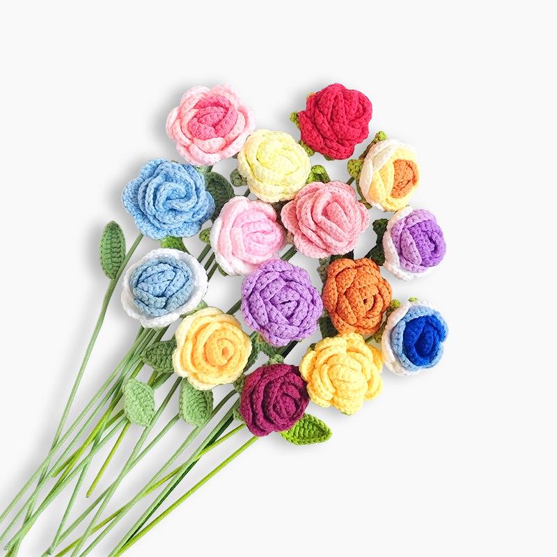 直销新款手工编织毛线花针织花束成品仿真花洋甘菊玫瑰仿真摆件情