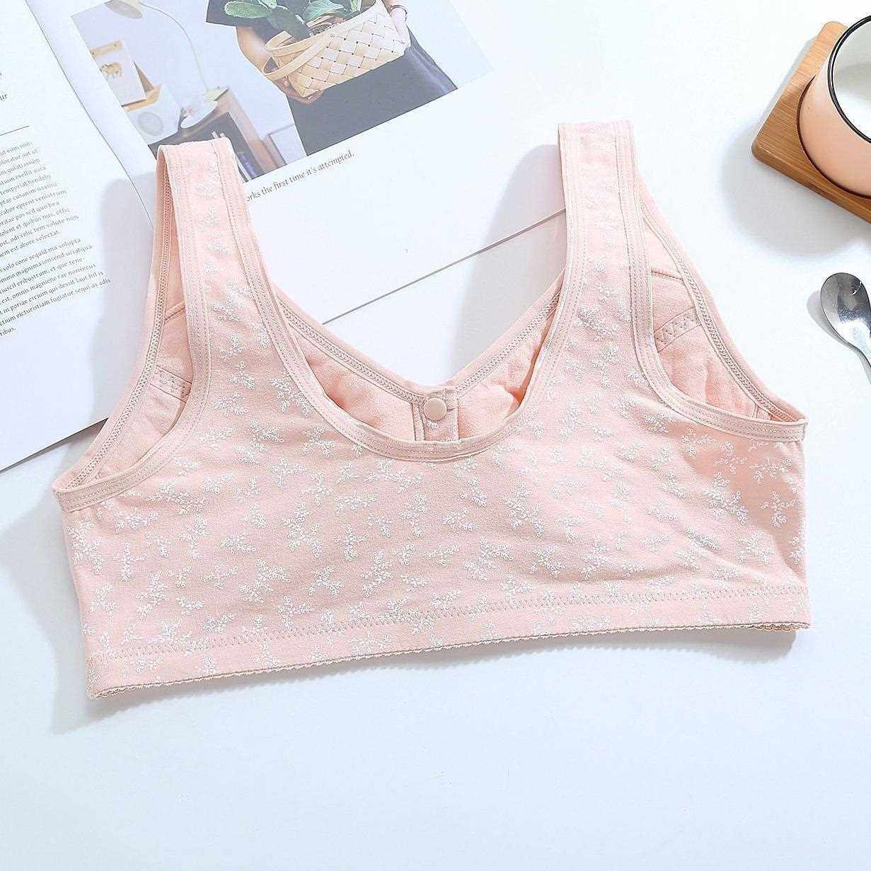 直销新款精梳棉氨前扣印花宽肩带中老年文胸大码可配插片哺乳少女