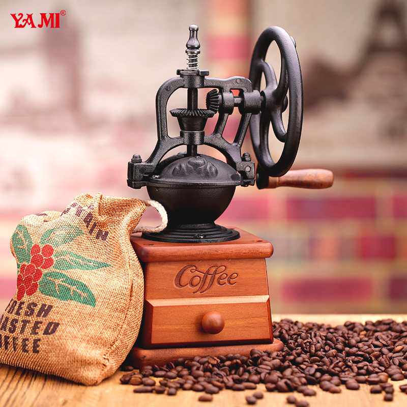 新款直销YAMI 亚米 手摇磨豆机铸铁机芯实木手动咖啡研磨机家用磨