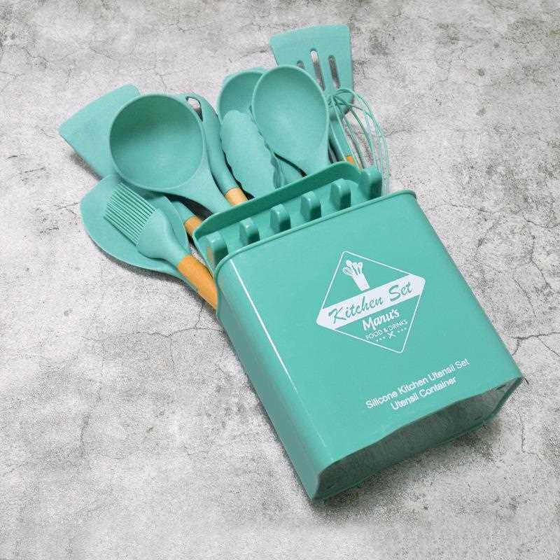 直销新款13件套木柄硅胶厨具烹饪铲勺套装不粘锅锅铲带收纳桶厨房