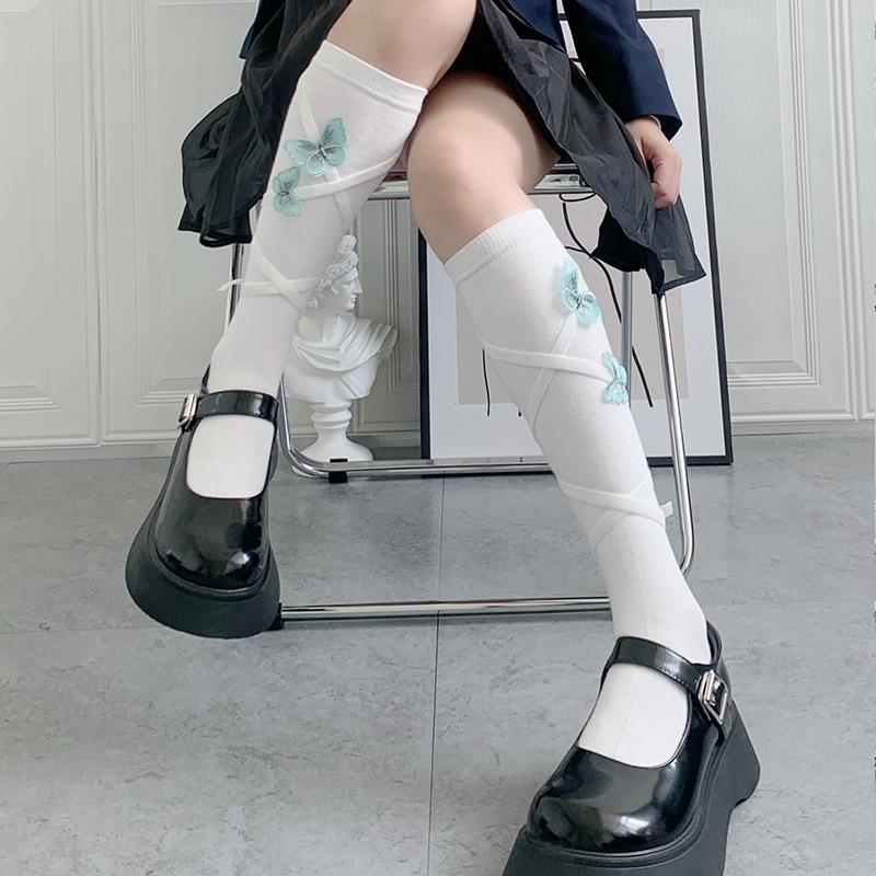 直销新款日韩甜美可爱立体蝴蝶绑带小腿袜温柔复古棉袜jk仙女风半