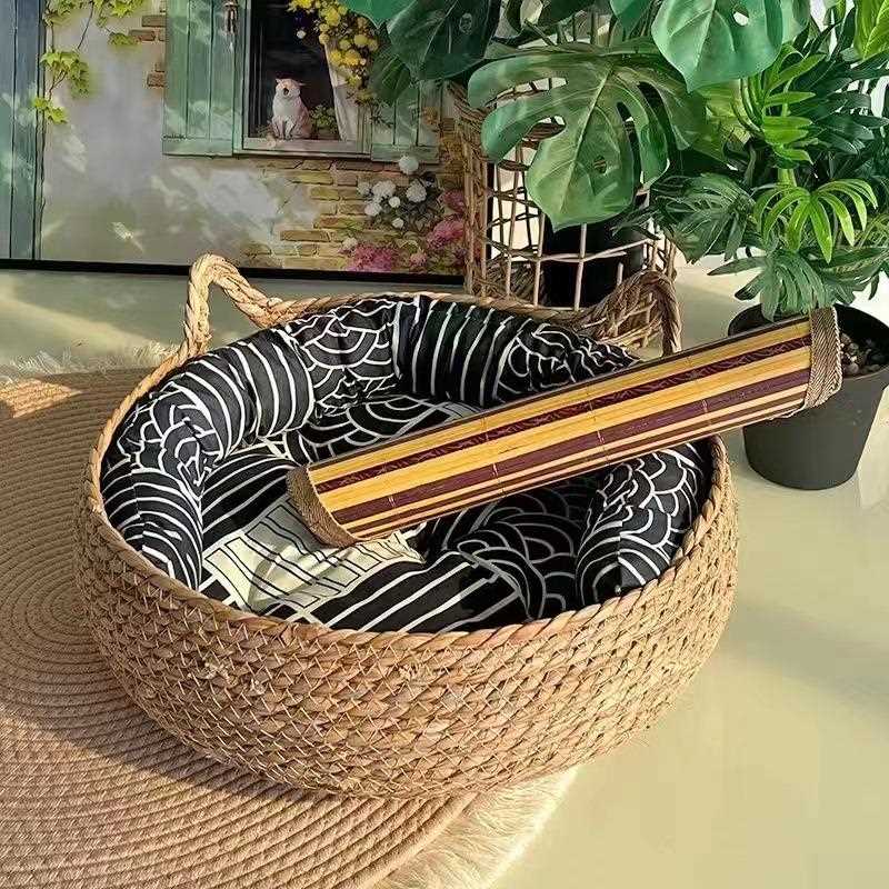 直销新款家用草编宠物窝 可爱藤编猫窝带棉垫 保暖可拆洗藤编猫窝