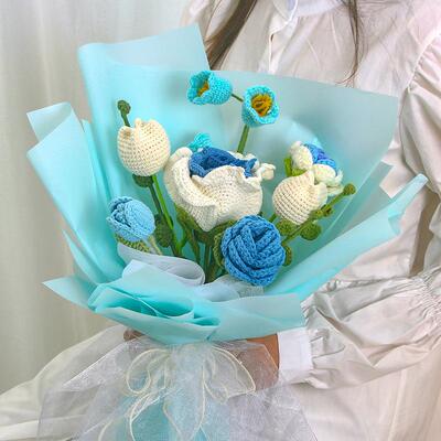 直销新款手工编织泰国玫瑰混搭花束钩织手织毛线仿真花礼品节日送