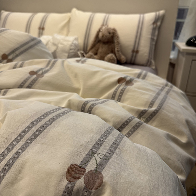 ins简约灰色全棉色织提花樱桃全棉四件套纯棉被套床单宿舍三件套