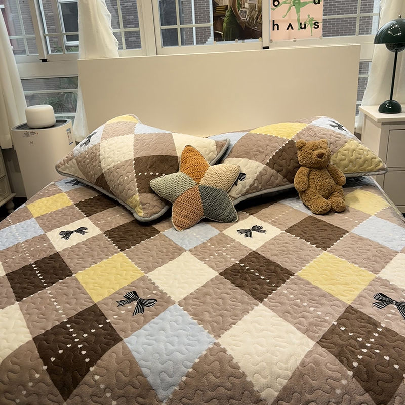 蝴蝶结格床盖三件套秋冬季