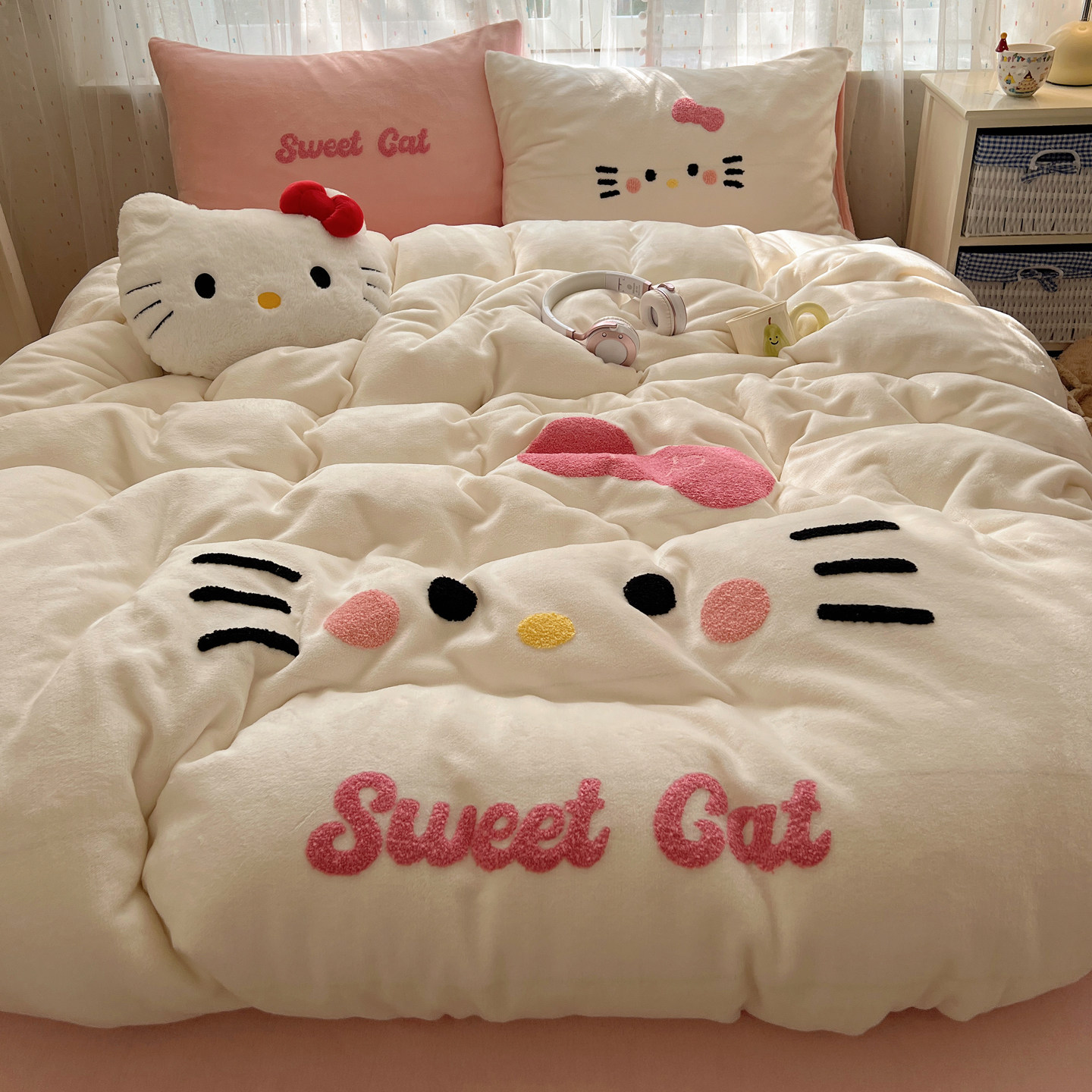 kt猫牛奶绒床上牛奶绒四件套贴布绣儿童宿舍床三件套床笠秋冬天