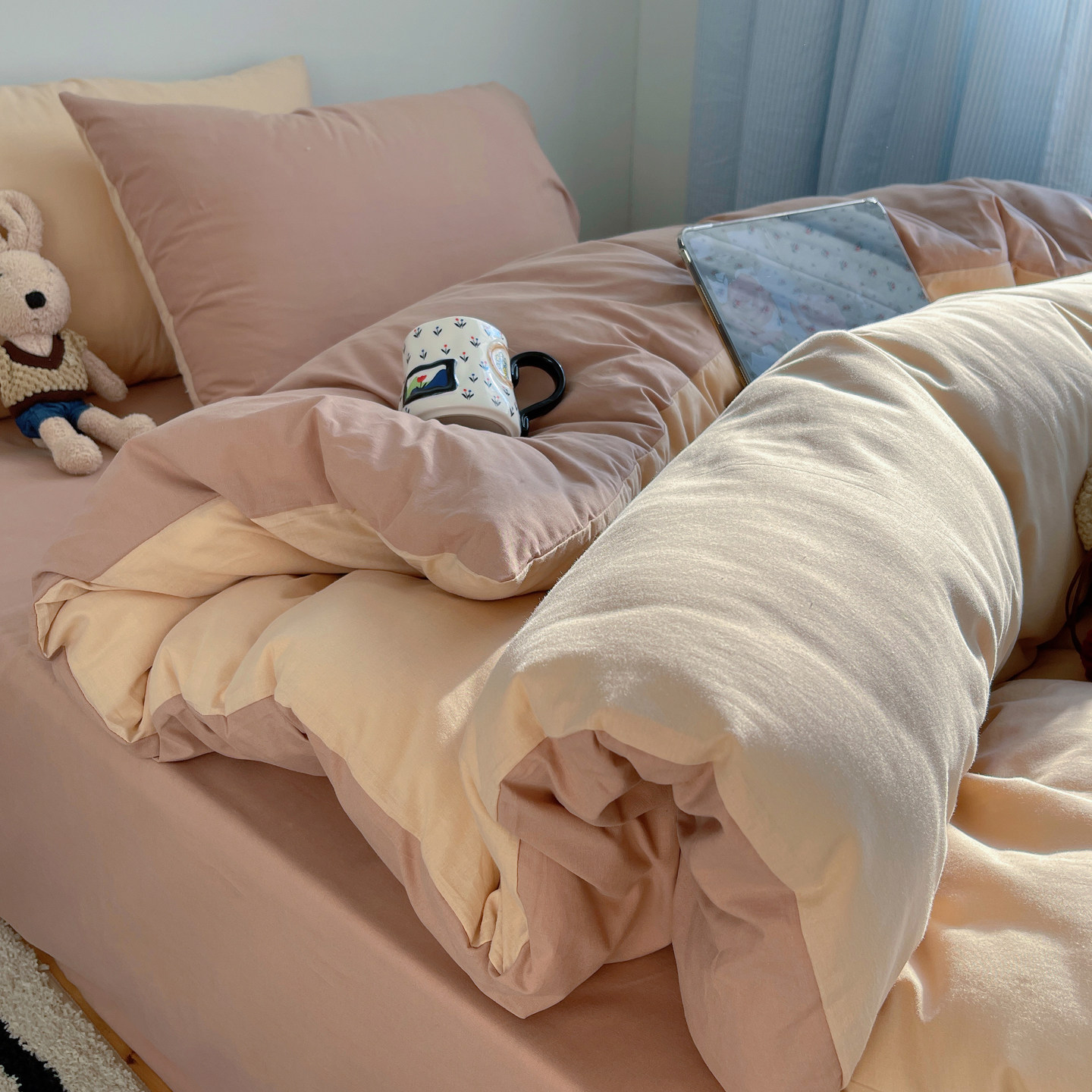 多巴胺ins风全棉纯色双拼水洗棉四件套极简宿舍床三件套纯棉床笠