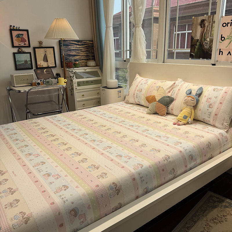 粉色草莓女孩纯棉床笠款全包围保护套单件全棉宿舍床单枕套三件套